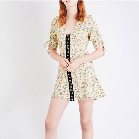 Topshop Yellow Floral Hook Closure Mini Dress || SZ 4 - Picture 4 of 16